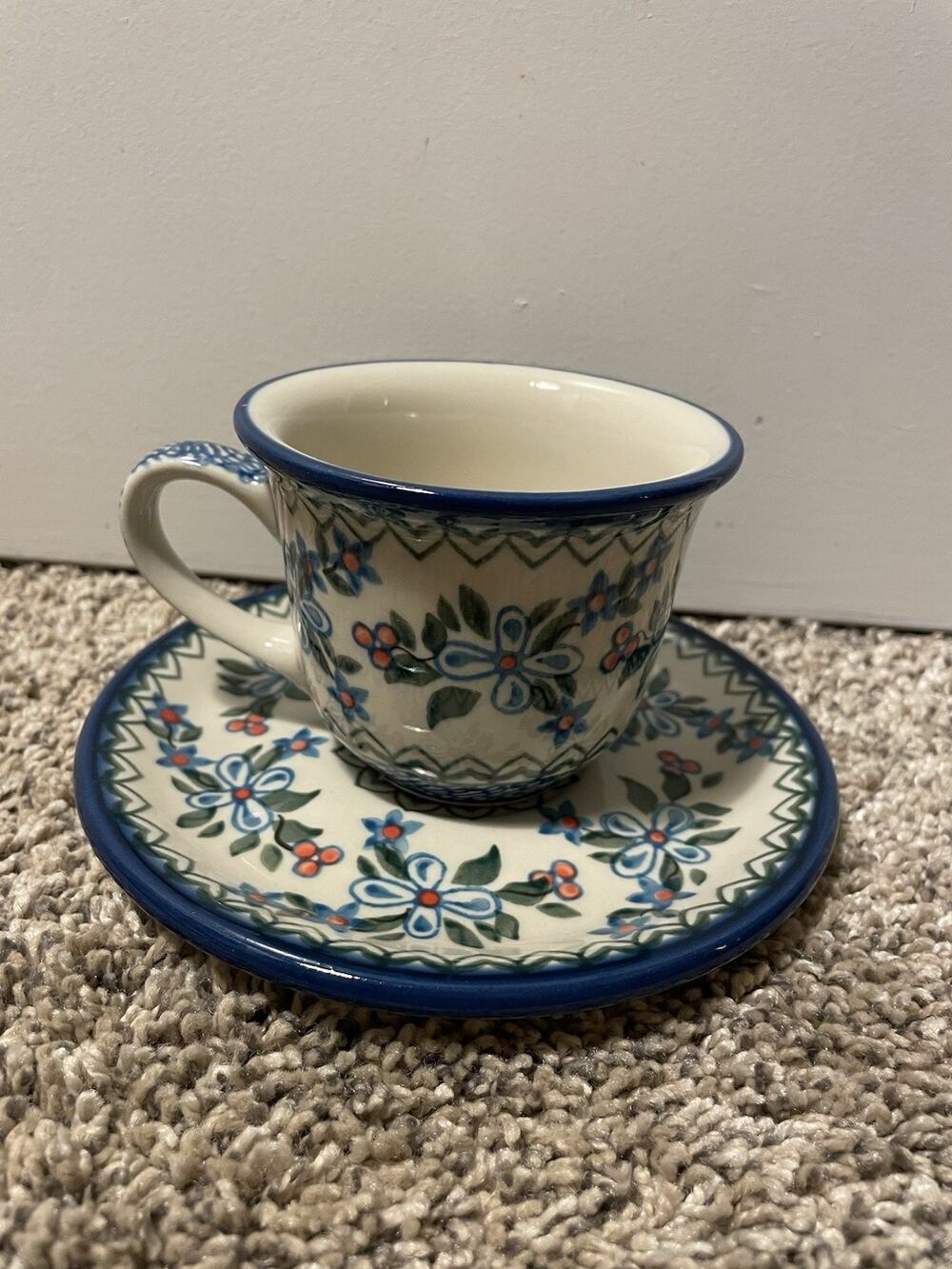 Boleslawiec Polish Pottery Blue Floral Berries Tea Coffee Cup Saucer Poland